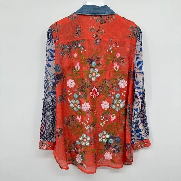 Vincente Tunic Top Shirt Blouse Size Small Embroidered Sheer Button Up Boho - Picture 11 of 16